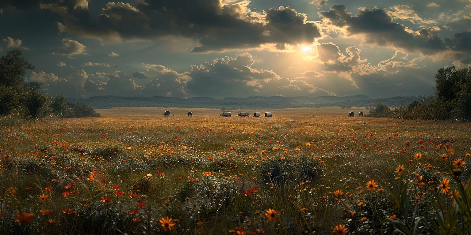 Golden prairie at sunset with covered wagons on Oregon Trail, wildflowers dotting landscape, wispy clouds overhead