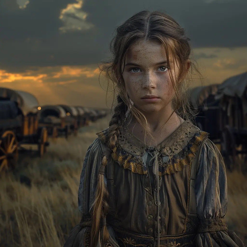 Young girl stands alone on Oregon Trail, facing away from long line of covered wagons at sunset