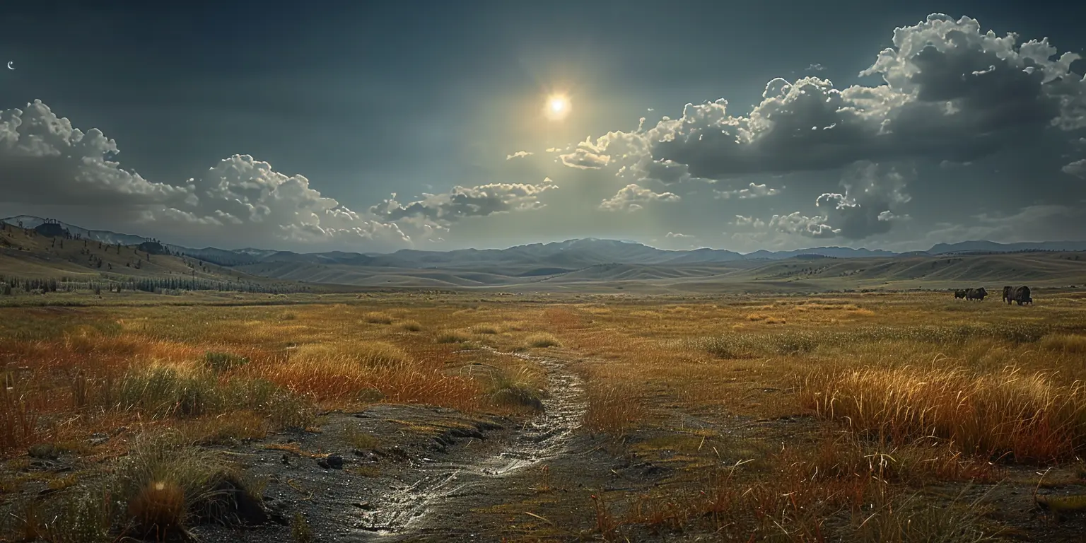 Covered wagons travel the Oregon Trail across a vast prairie, with tall grasses and a distant stream under a blue sky.