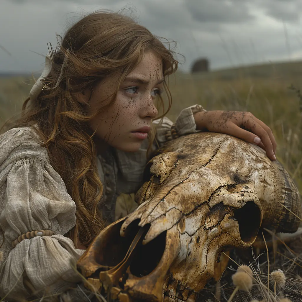 Girl examines buffalo skull in prairie grass, Chimney Rock visible in distance, wind blowing her hair