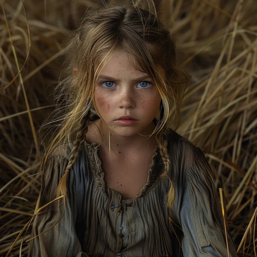 Young girl in prairie grass, disheveled, scowling but determined after arduous Oregon Trail journey, persevering frontier life.