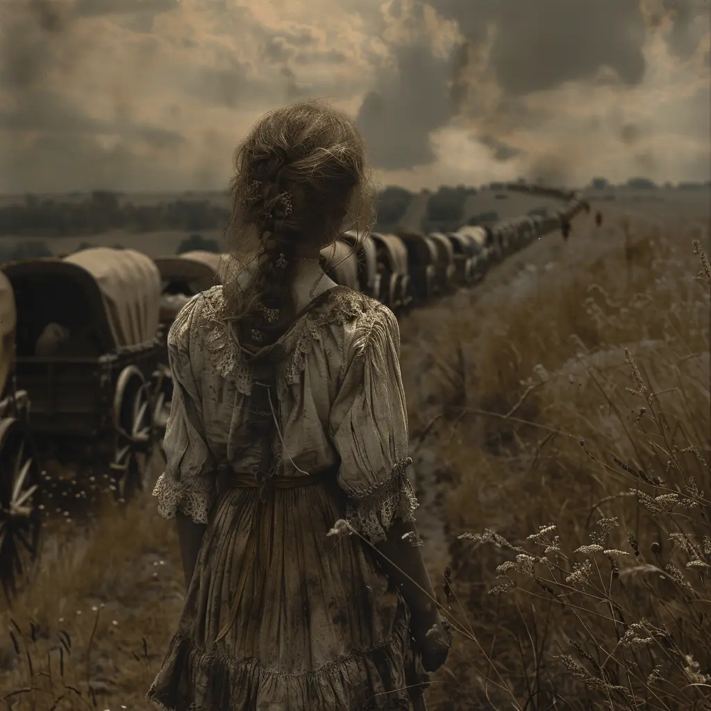 Sepia prairie scene: Girl in calico dress stands alone, silhouetted against sunset, as wagon train stretches into distance