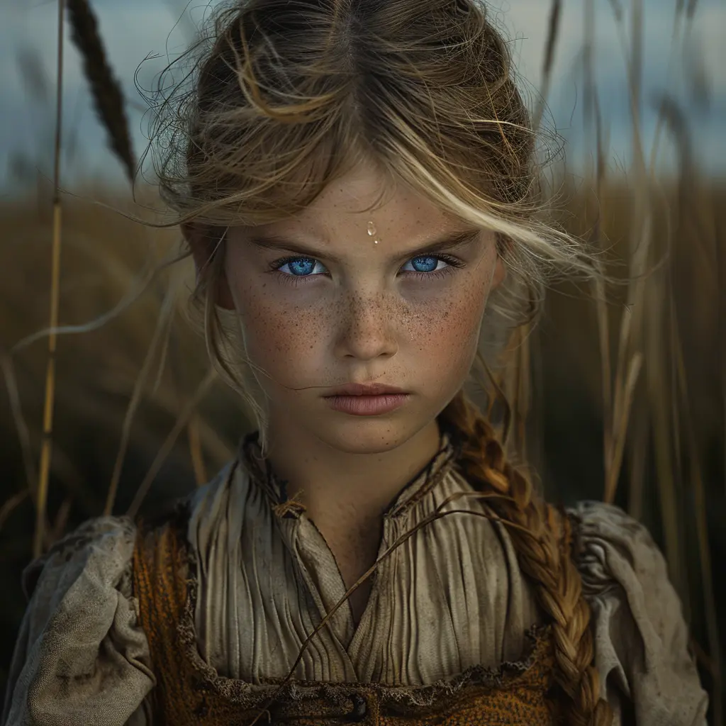 Young pioneer girl with haunting blue eyes gazes at prairie, tear on cheek, reflecting isolation on Oregon Trail