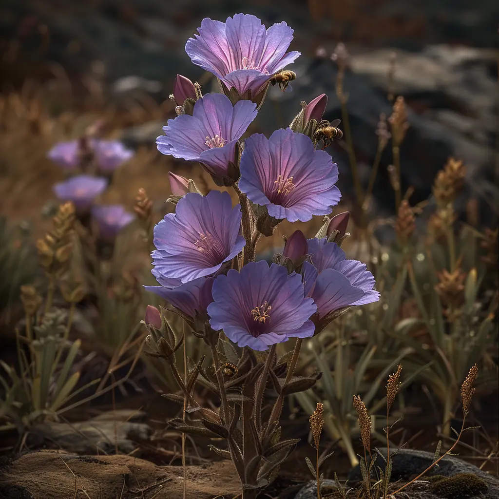 Purple wildflower with bee on prairie, picked by young girl Eliza during Oregon Trail journey