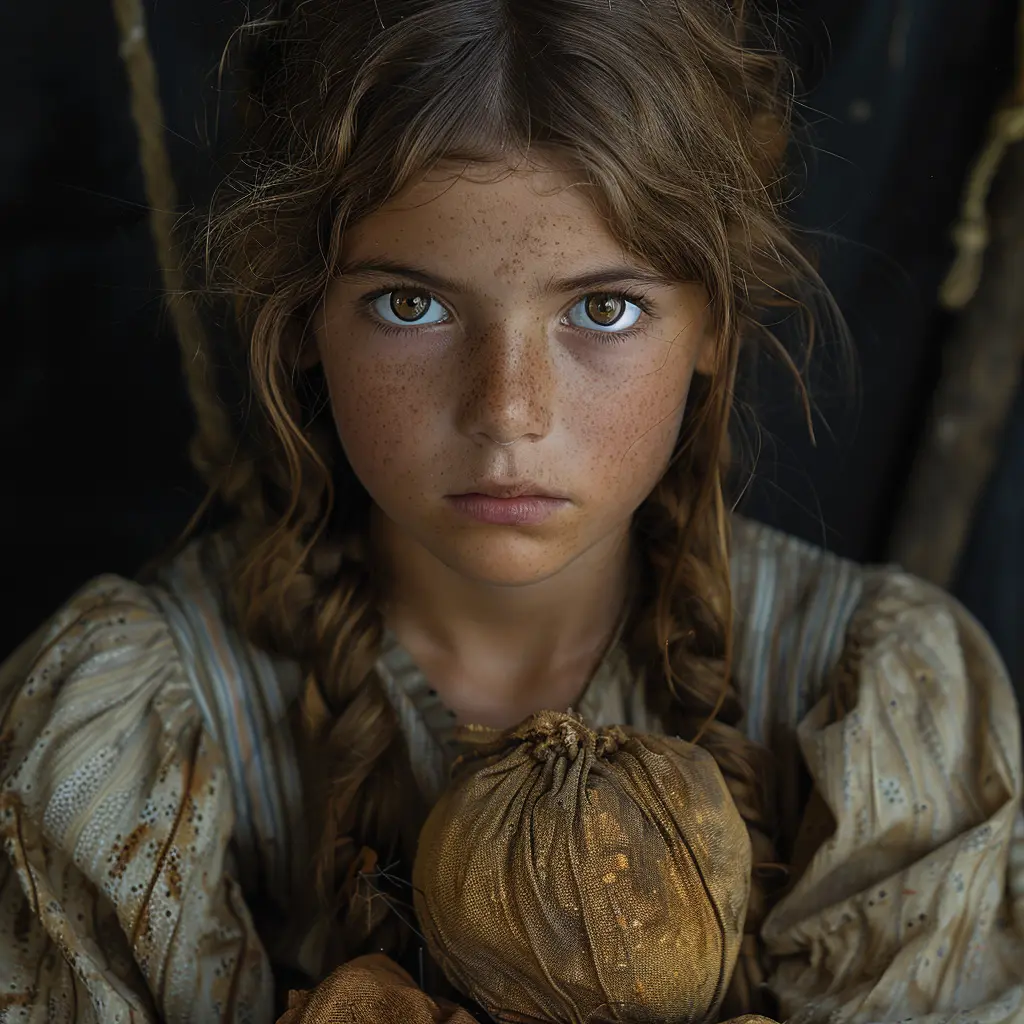 Young pioneer girl Sarah, face lit by firelight, looks anxious while clutching doll on Oregon Trail journey