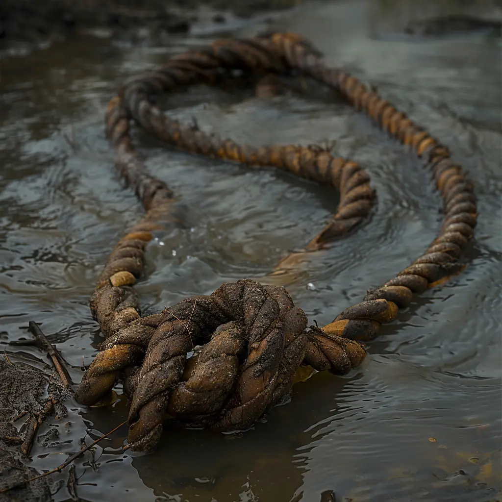Weathered leather rein from Oregon Trail lies in shallow river, sunlight reflecting off water, symbolizing lost supplies.