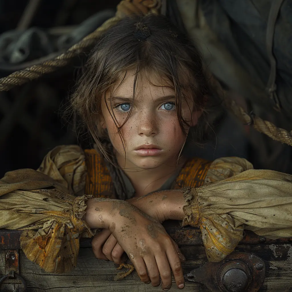 Orphaned girl huddles with sister in wagon on Oregon Trail, tears streaking face yet inner resilience flickering amid perils<br>