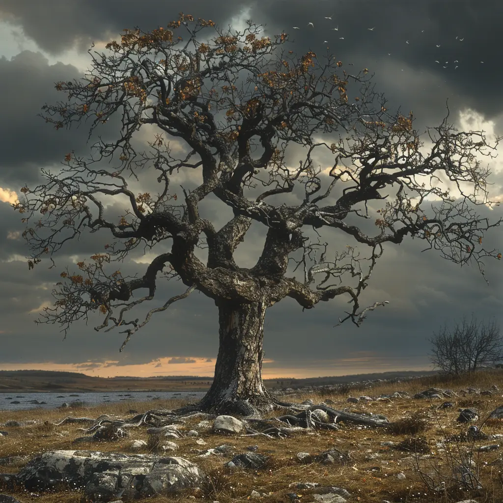 Solitary gnarled cottonwood tree with scarred bark, broken branches, and drifting down against prairie grass sunset<br>