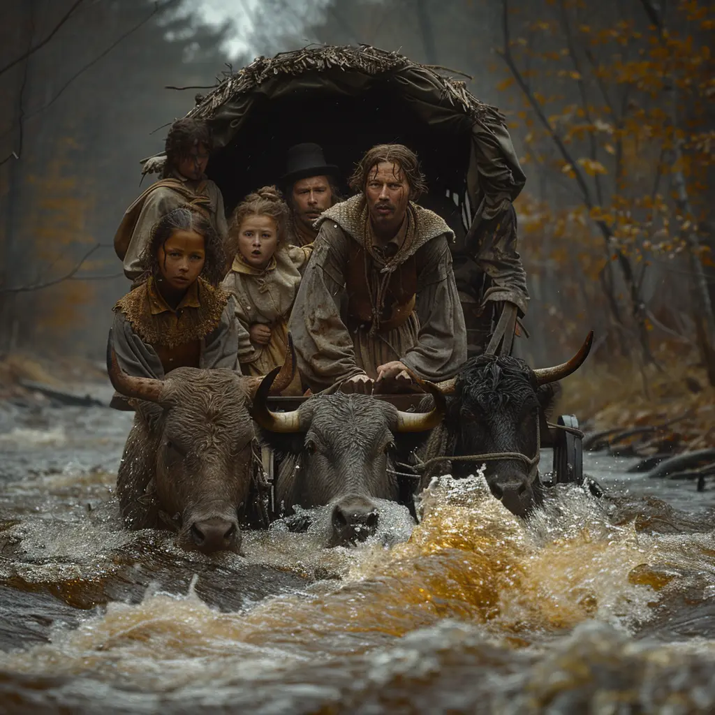Bird's-eye view of wagon train approaching river. Close-up on one wagon with 12-year-old Sarah peering out anxiously.