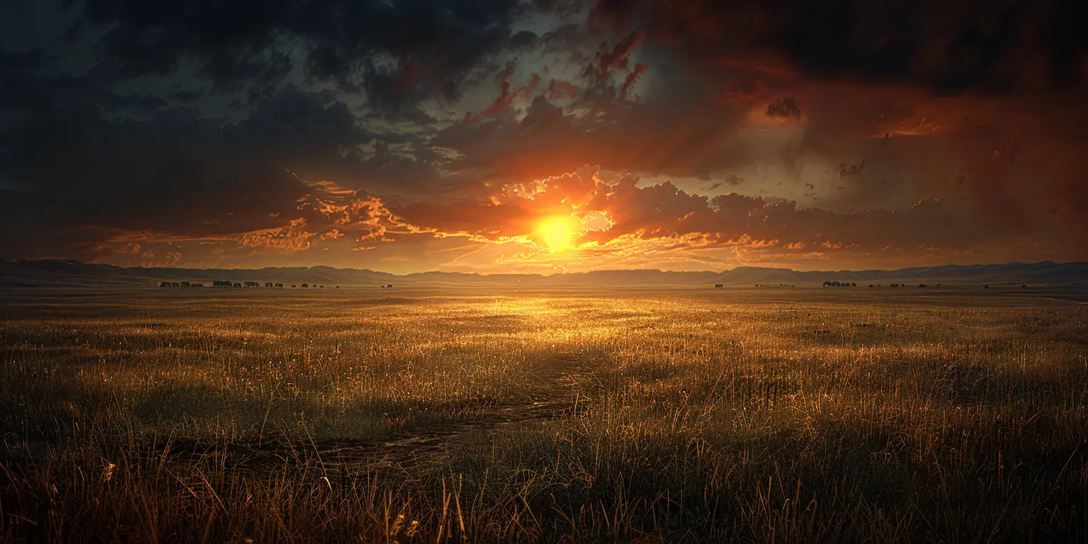 Sun-drenched prairie with golden grass, distant buffalo herd, and Oregon Trail ruts leading to a far-off wagon train