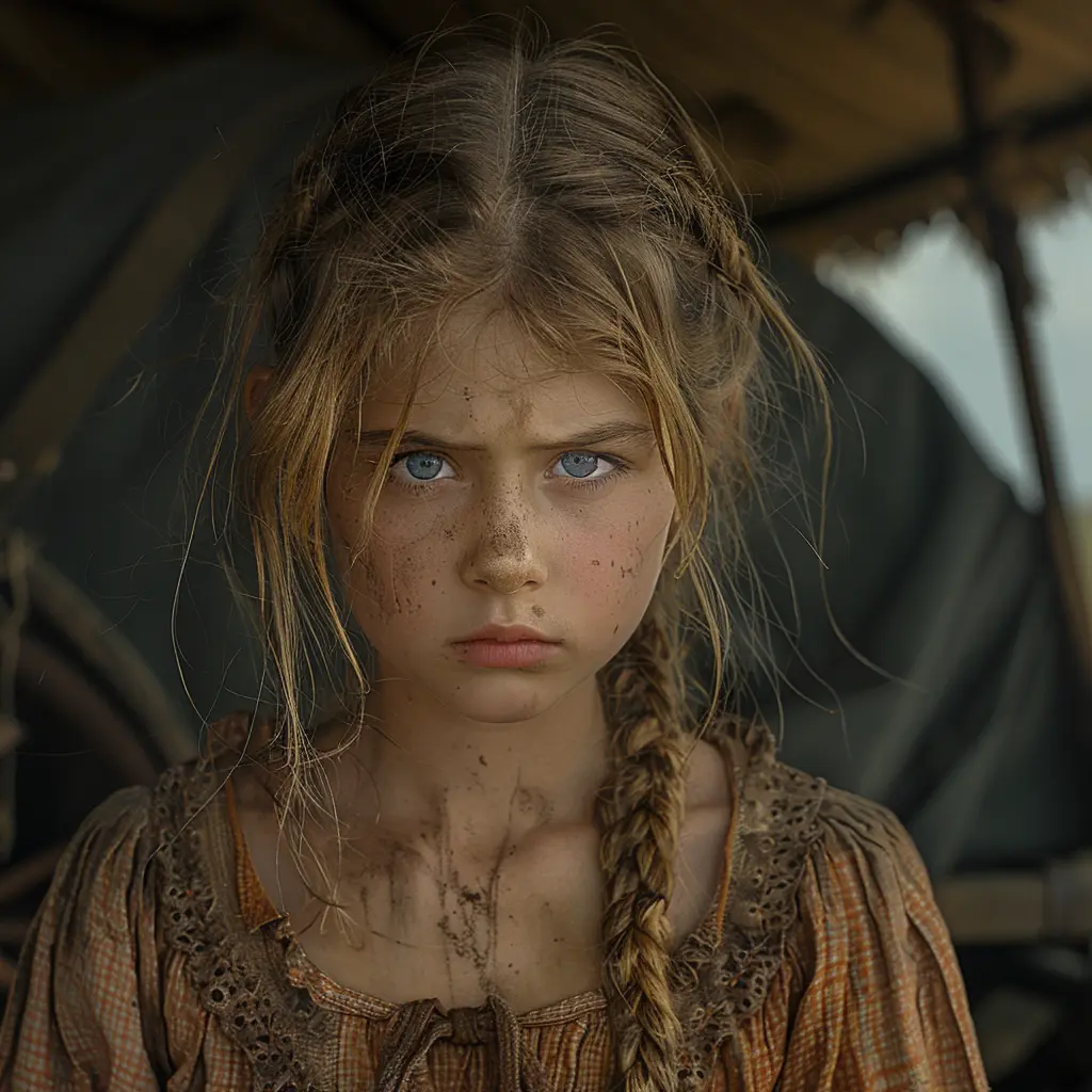 Tearful 12-year-old girl in worn dress, looking lonely. Blurred covered wagon and prairie in background.