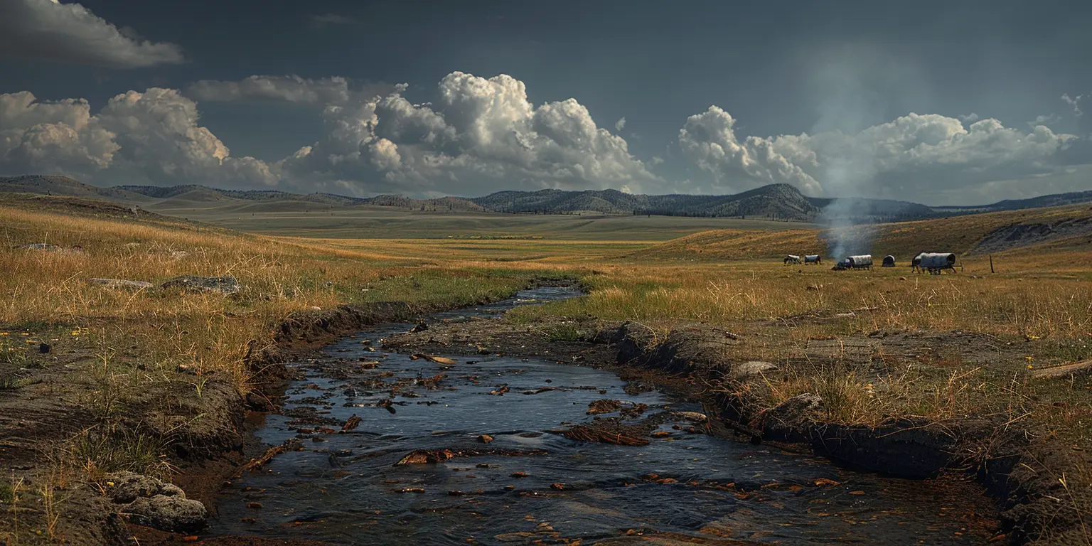 Sunset over Oregon Trail prairie, with wagon tracks, meandering creek, and distant circle of covered wagons at camp.