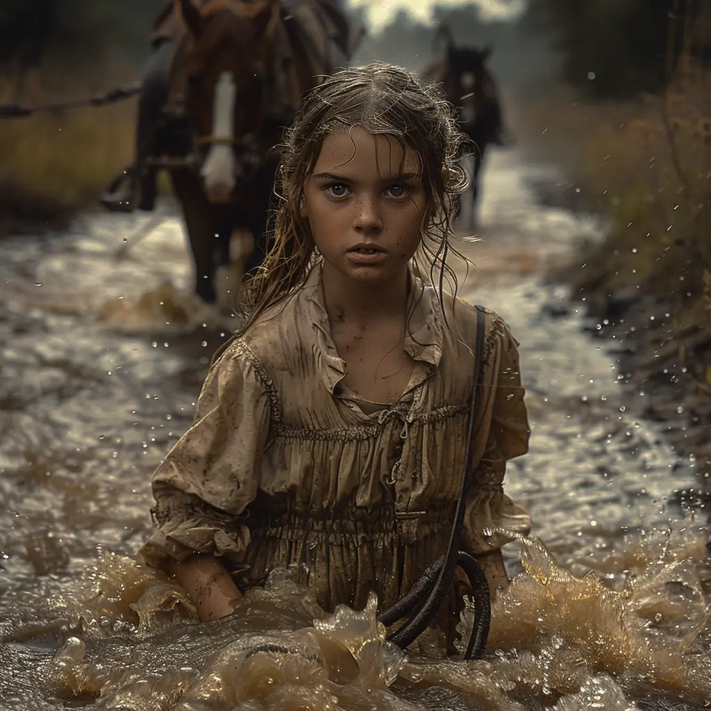 Young girl in pioneer dress fording river, guiding wagon with determined resilience despite hardship & adventurous