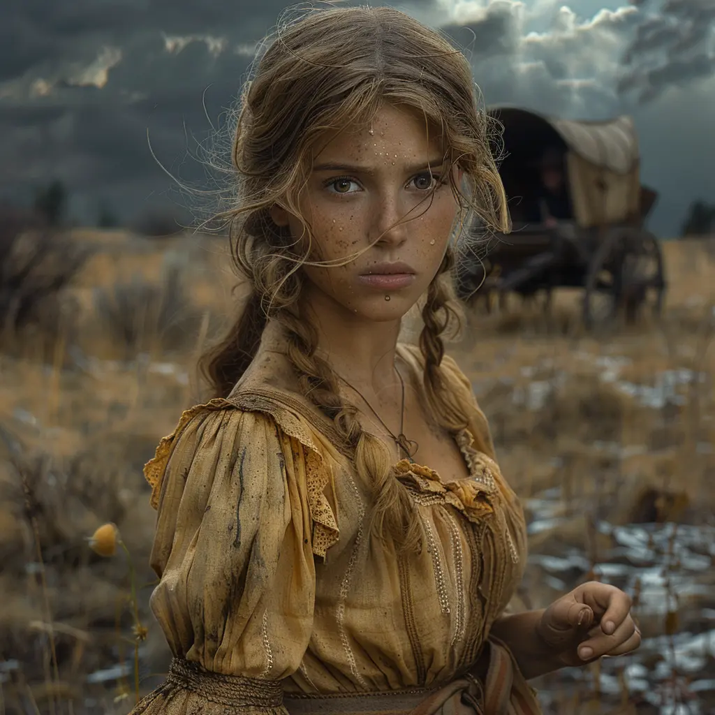 Woman sits in covered wagon, fists clenched in anger over tragic past, prairie surrounds her as family's muffled voices attempt comfort.