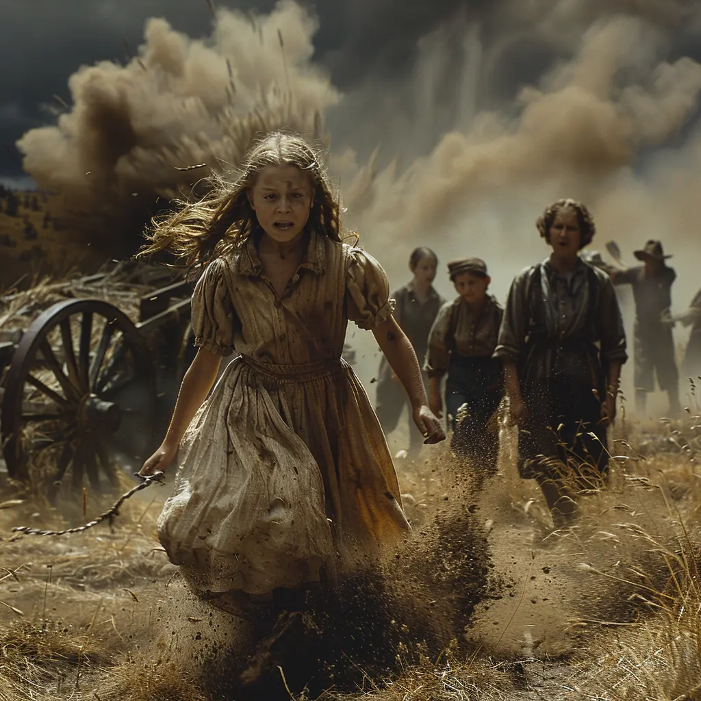 Young girl crying in a covered wagon, comforted by a woman's embrace, wagon train crossing prairie in background.