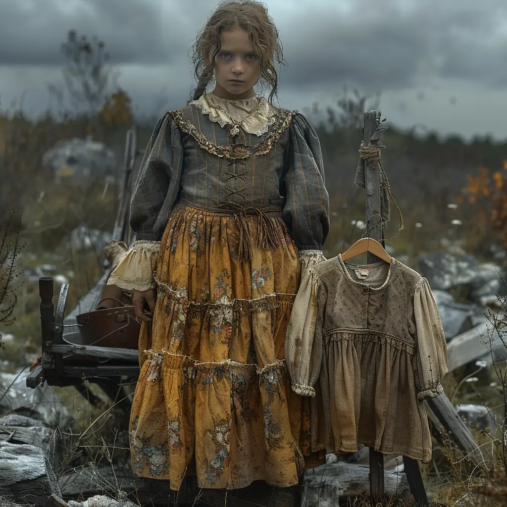 Tattered dress and shirt hung in wagon - haunting reminders of lives lost on Oregon Trail due to cruel circumstances.