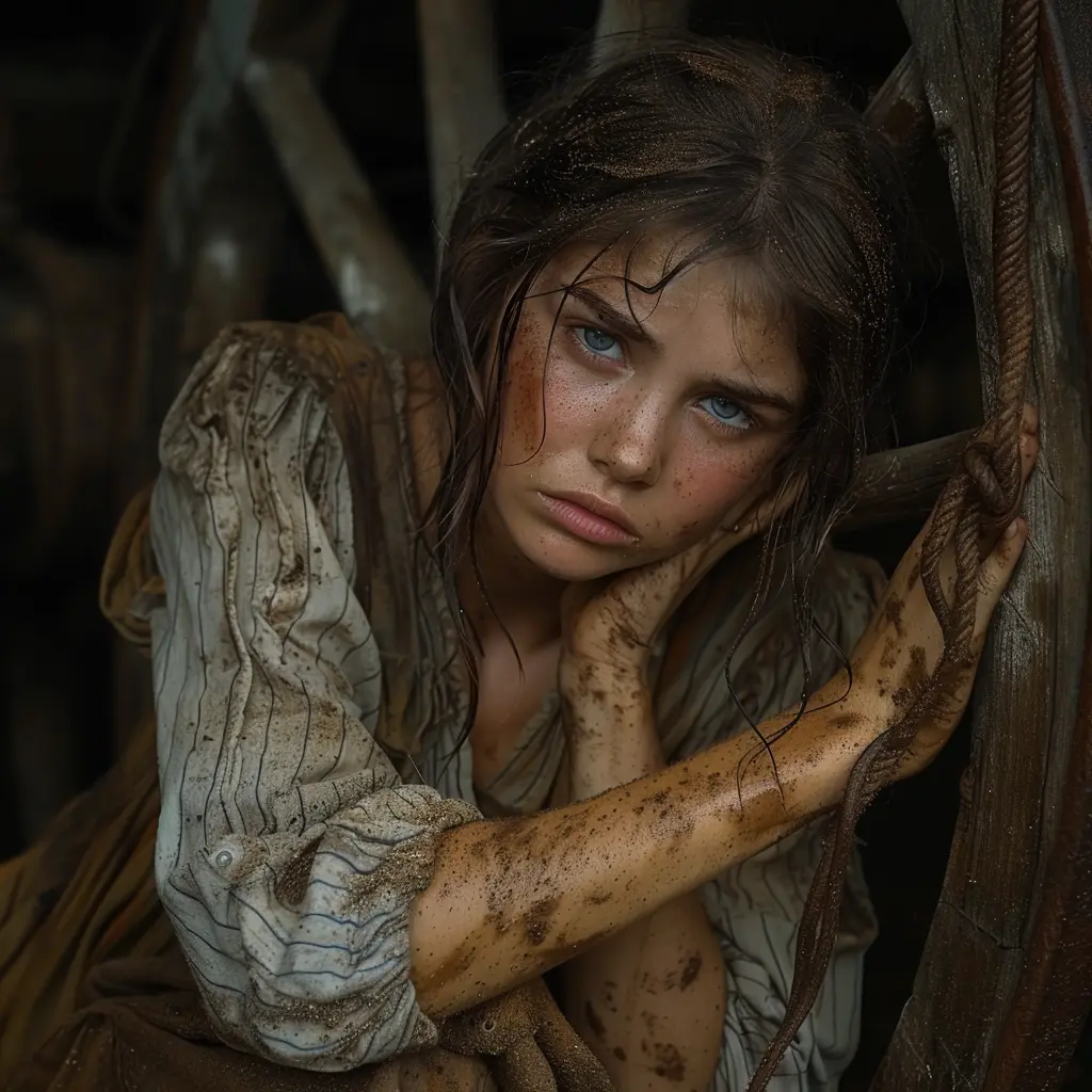 Tearful pioneer girl clutches branch by wagon wheel, hope amid hardship on Oregon Trail.