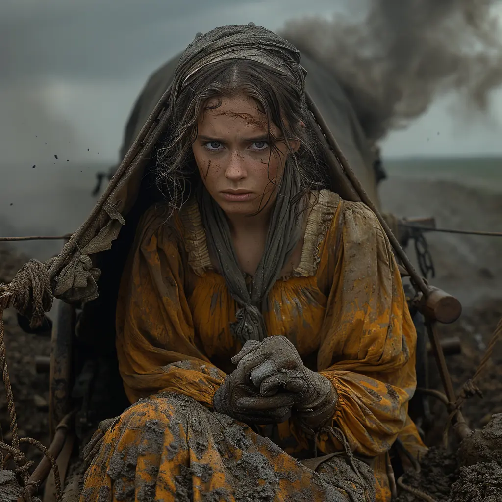 Woman sits in covered wagon, fists clenched in anger over tragic past, prairie surrounds her as family's muffled voices attempt comfort.