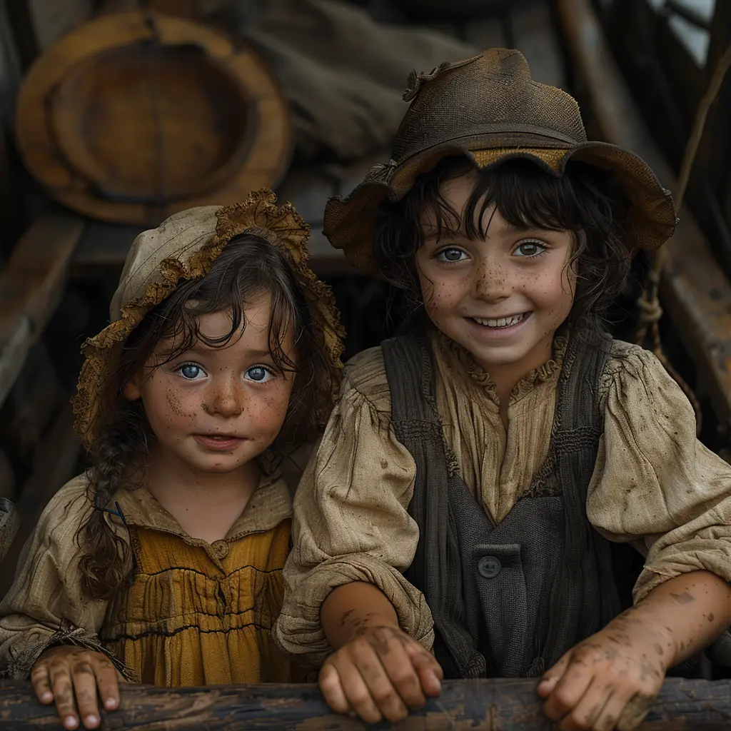 Girl laughing on wagon edge as pioneer train travels through expansive Oregon Trail landscape