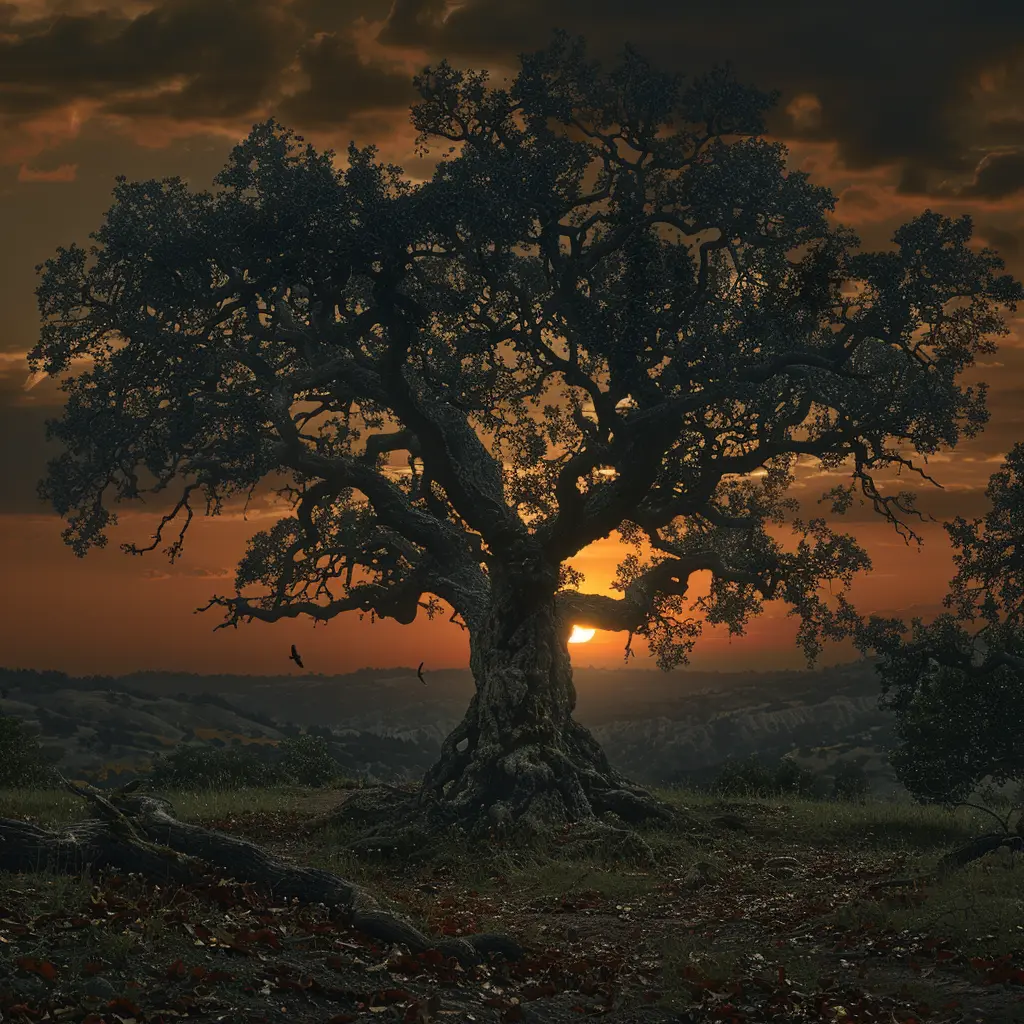Gnarled oak tree, twisted branches against sunset, fallen leaves on trail, bird taking flight silhouetted against orange sky.
