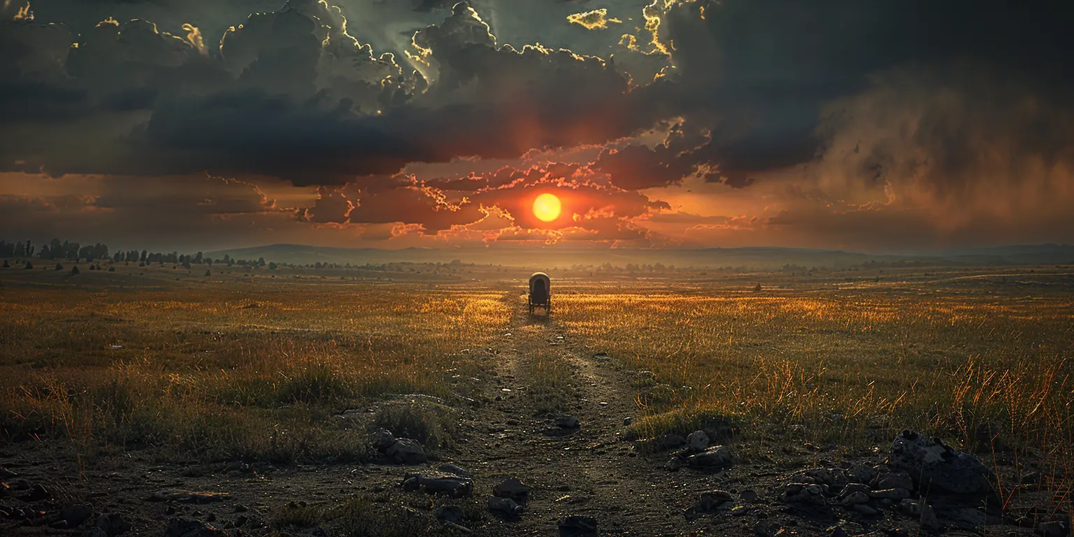 Sun-drenched prairie with Oregon Trail wagon ruts. Distant covered wagons silhouetted against late afternoon sky.