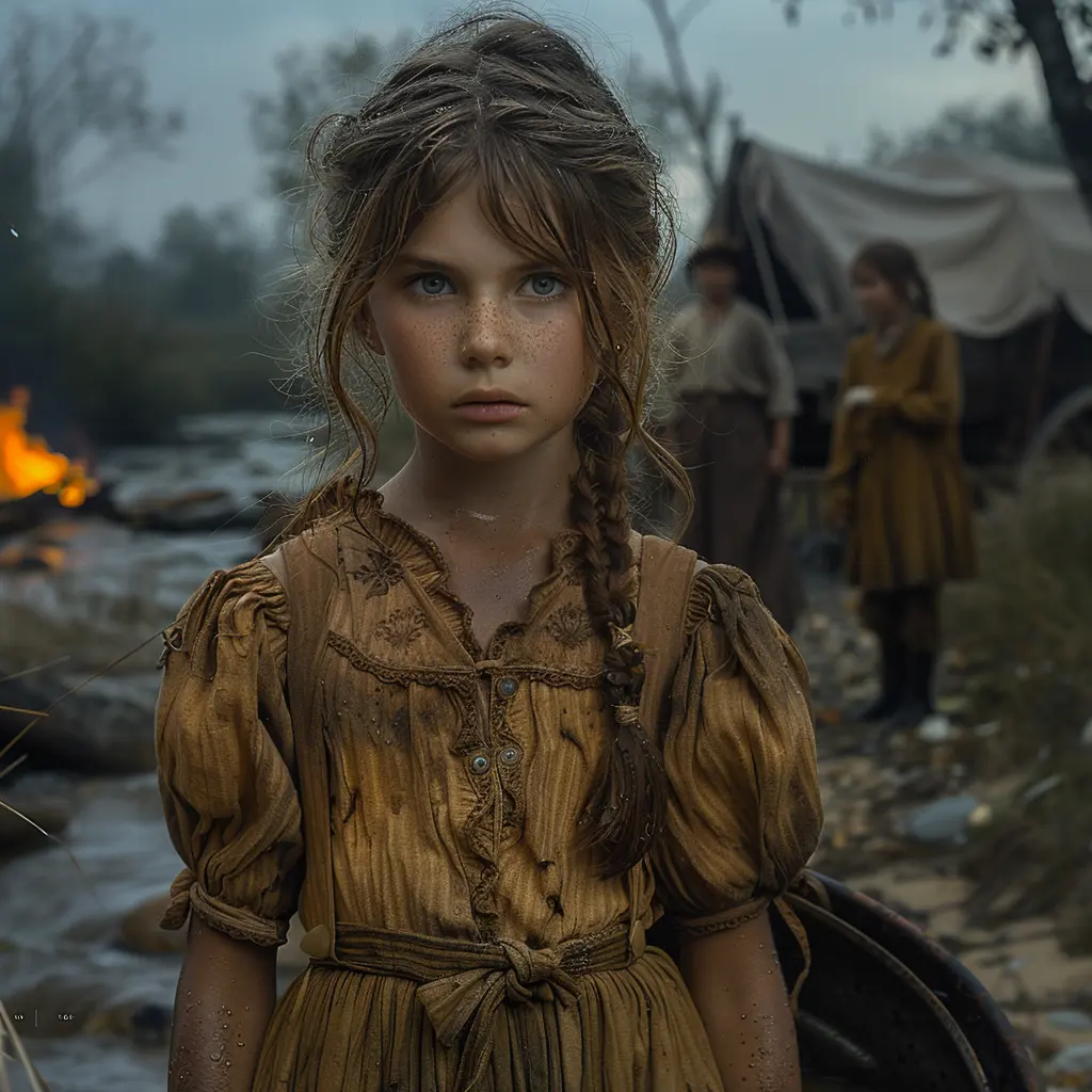 Bird's-eye view of Oregon Trail: Lone wagon train on vast prairie, zooming in on young girl walking behind last wagon.