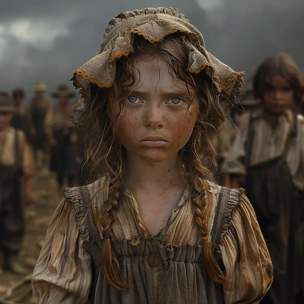 Young frontier girl trudges resentfully on dusty Oregon Trail, tear-streaked face showing weariness as freedom eludes.<br>