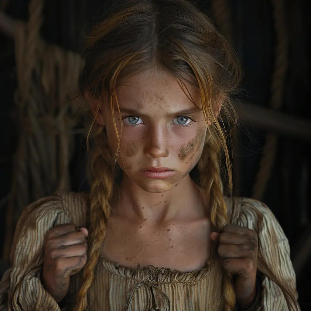 A tearful 10-year-old pioneer girl, in a calico dress, stamps her foot in frustration as her uncle tries to comfort her