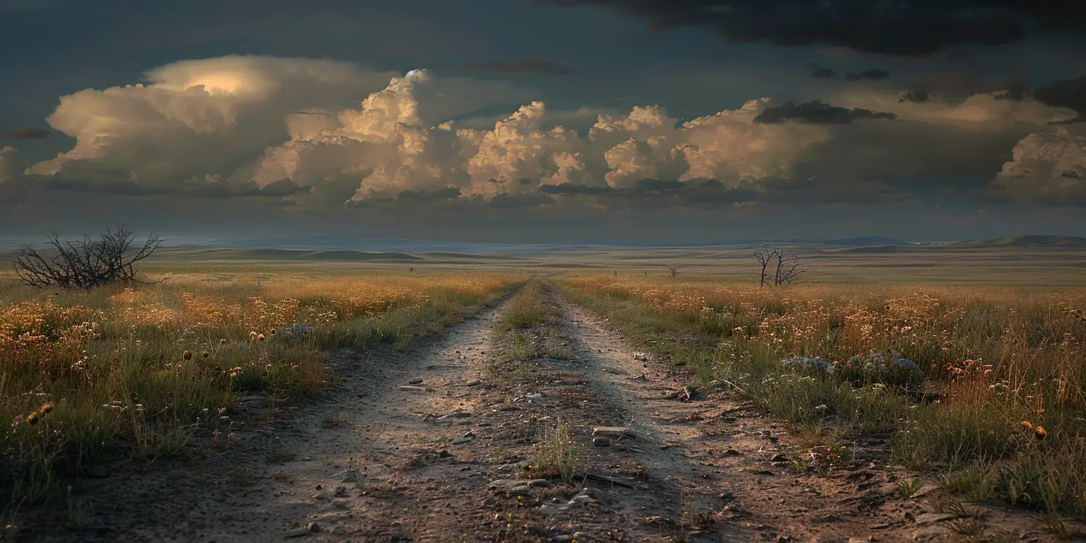 Oregon Trail winding across prairie under vast sky, tall grasses, wildflowers, gnarled trees in golden afternoon light.