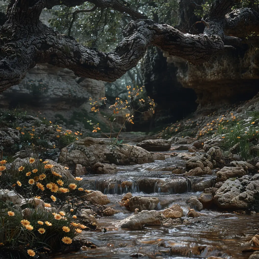 Gnarled oak branch over bubbling stream, rocks line bank, vibrant yellow wildflower blooms in crevice, contrast to rugged landscape.