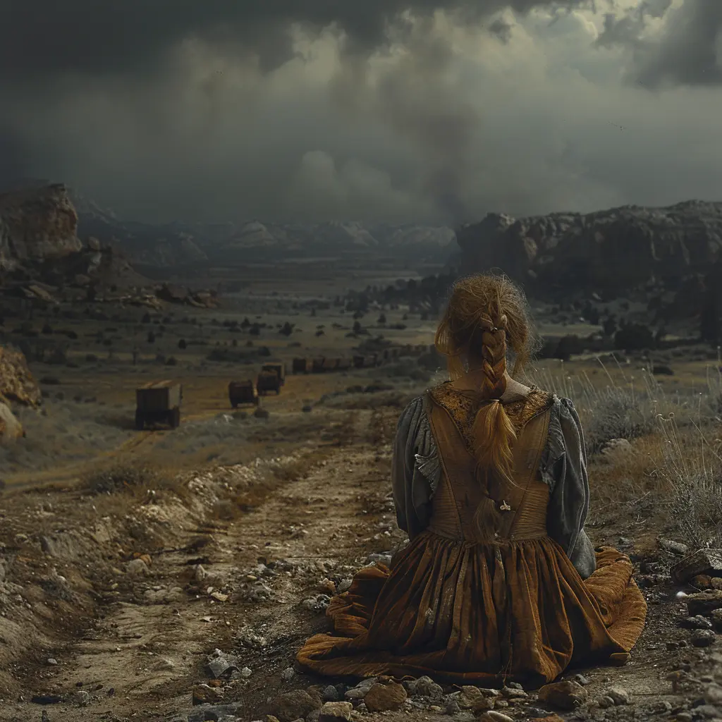 Girl laughing on wagon edge as pioneer train travels through expansive Oregon Trail landscape