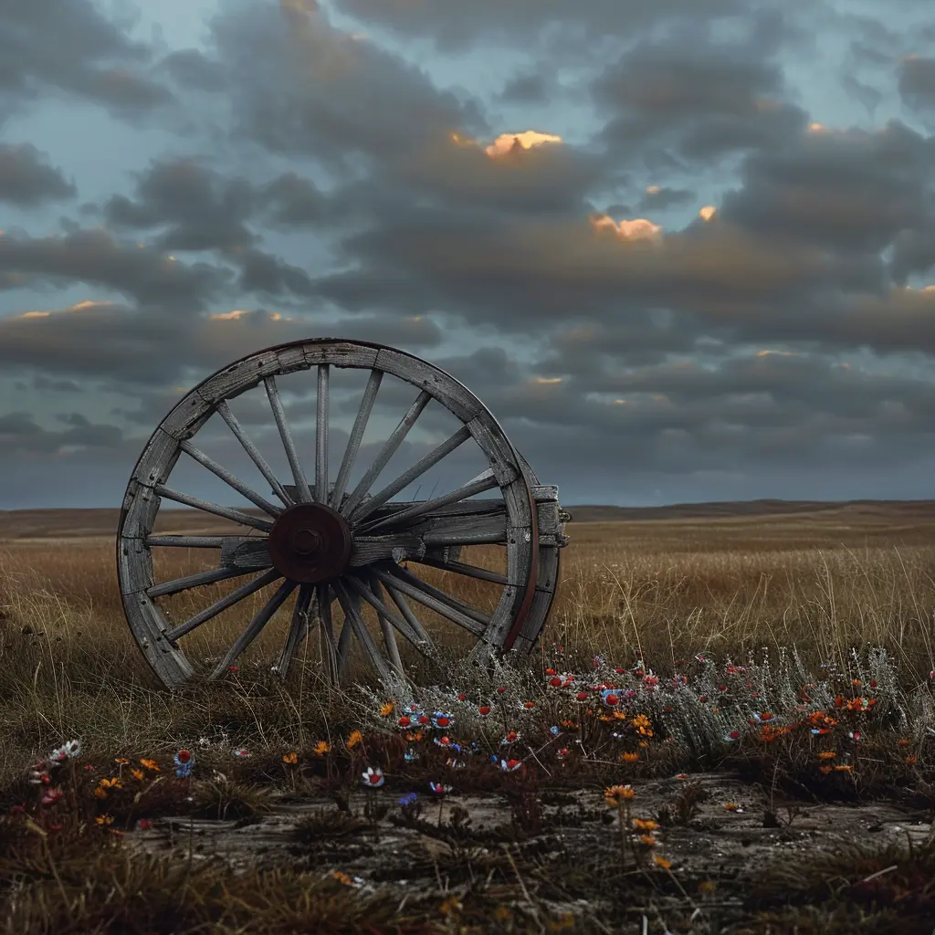 Weathered wagon wheel in prairie grass at sunset, with purple wildflowers growing nearby.