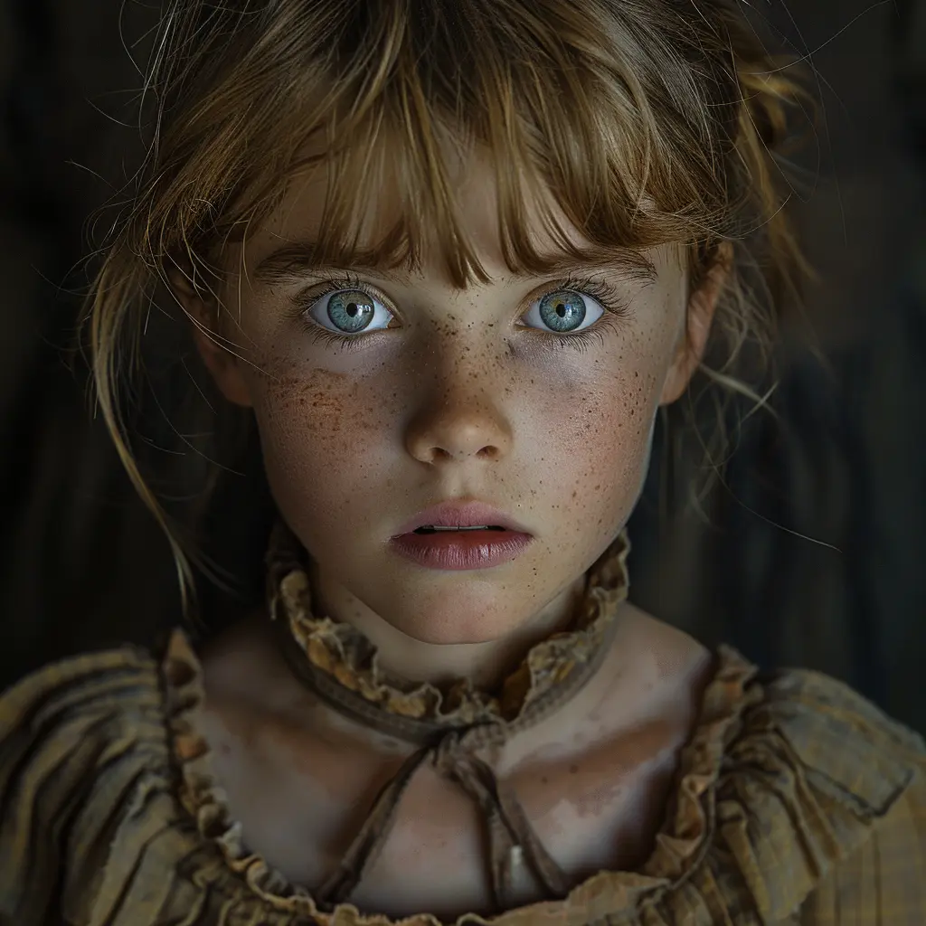 Sad-eyed orphan girl on Oregon Trail, unkempt hair, dirt-smudged face, oversized dress, looking distant