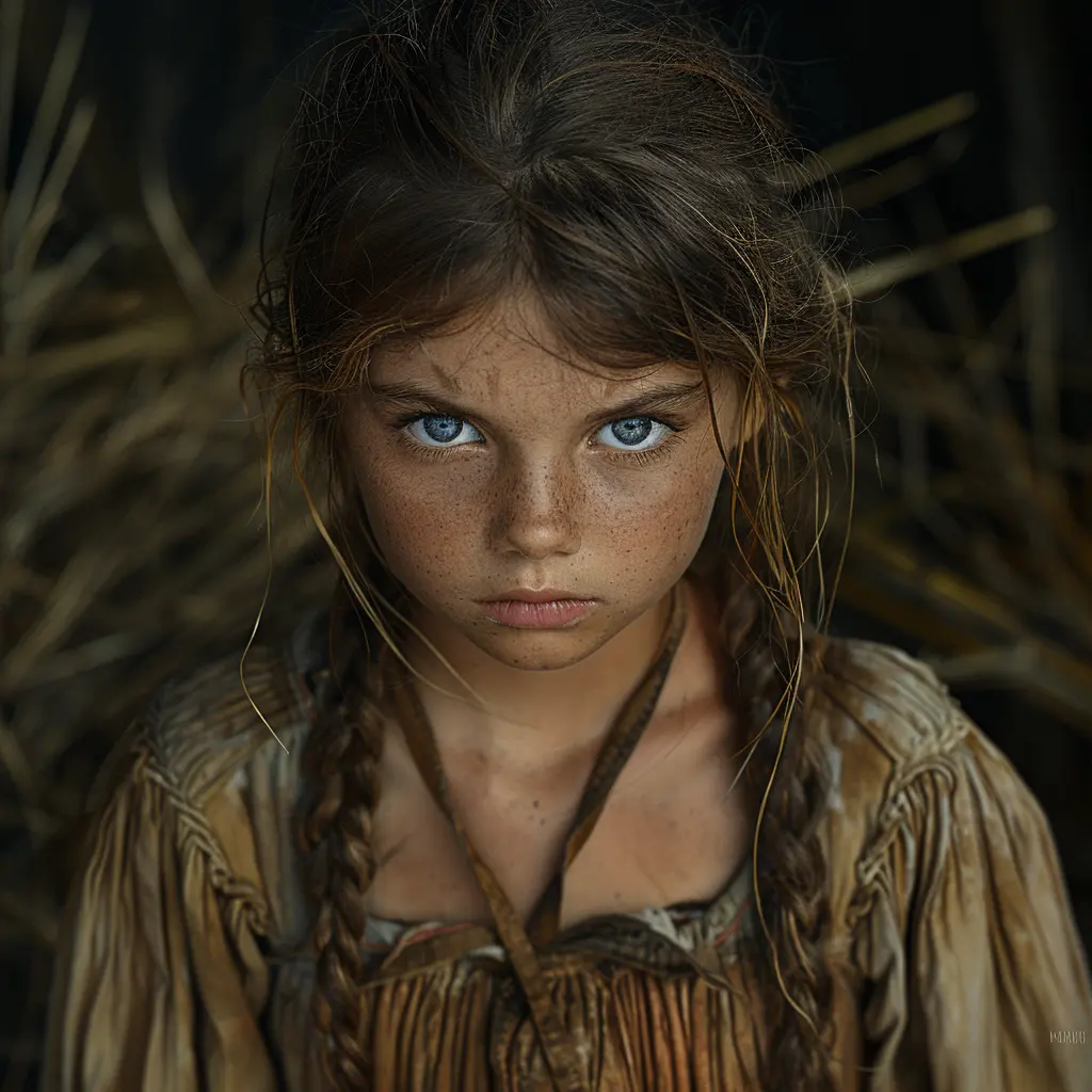 Close-up of young pioneer girl Sarah, face lit by campfire, showing a subtle smile and hopeful expression