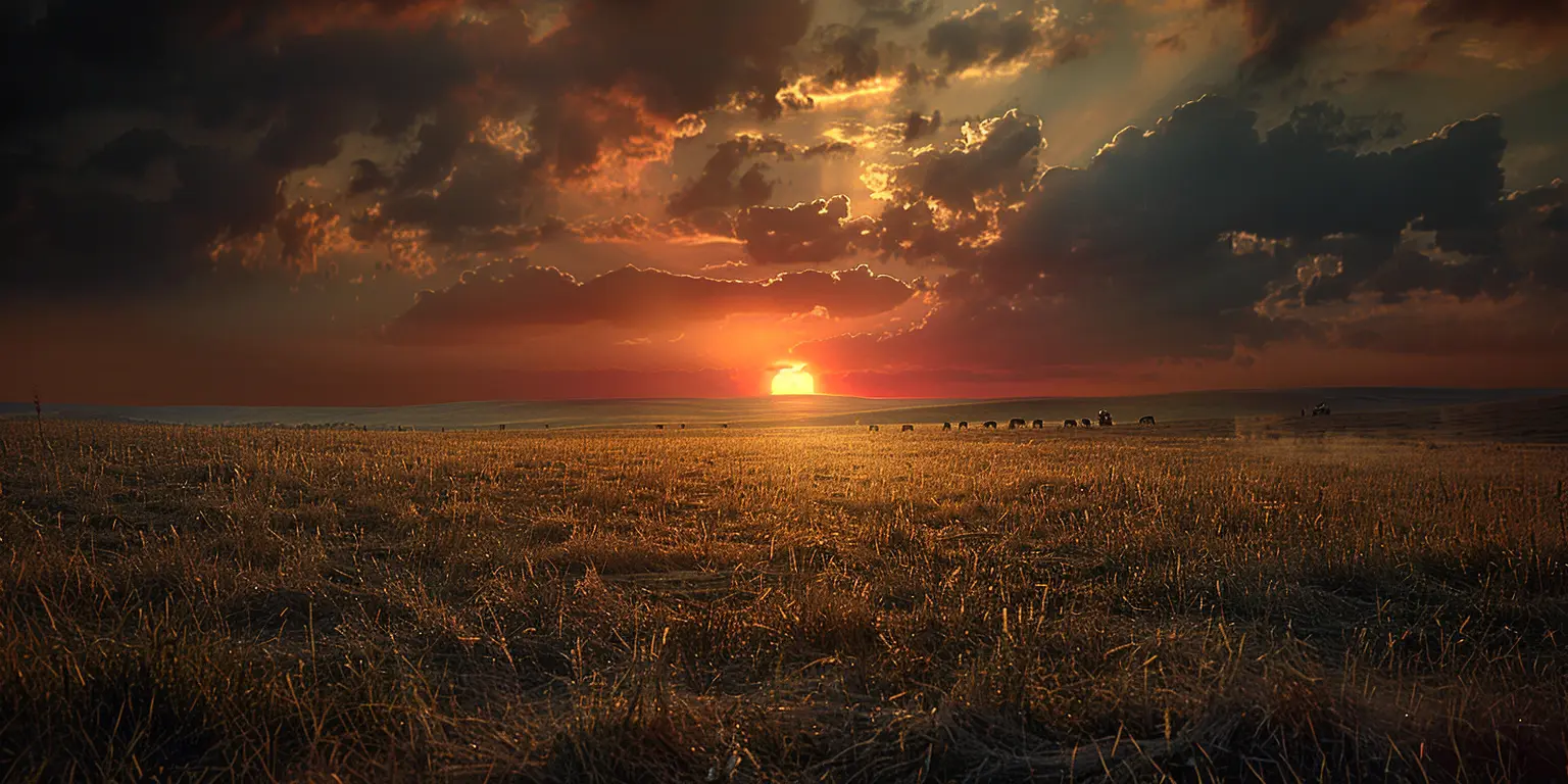 Sunset over vast prairie, wagon train silhouette on horizon, waving grasses in golden light.