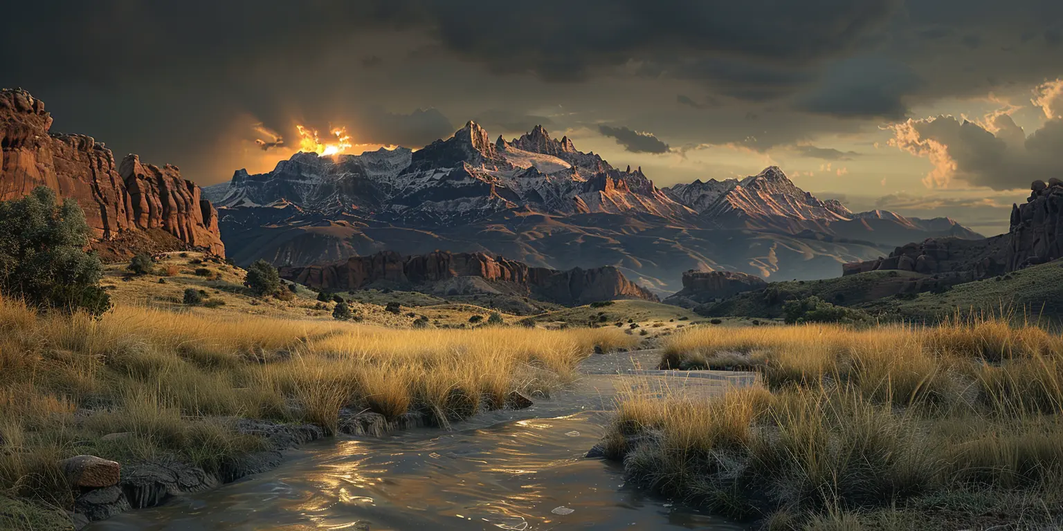 Sunset glow over rugged terrain, winding trail through rolling hills and rock formations, distant snow-capped mountains<br>
