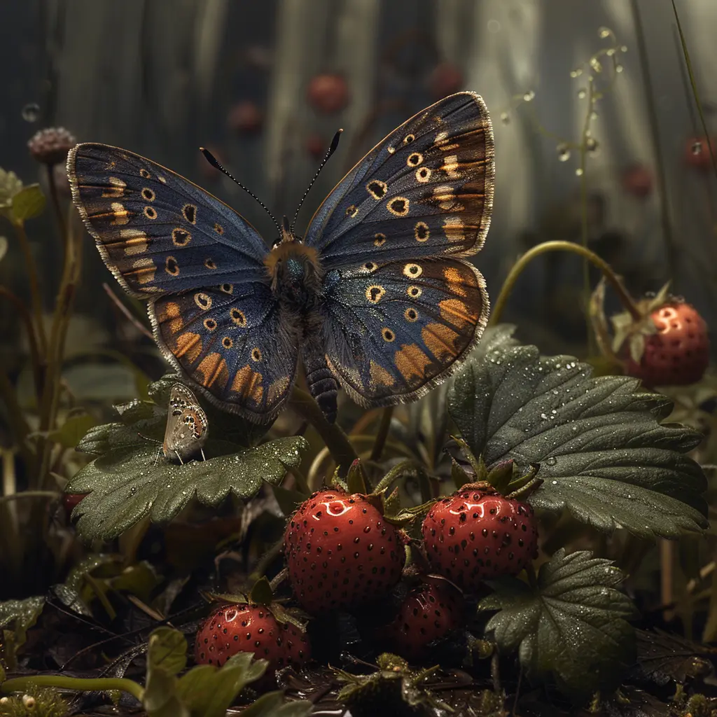 Wild strawberries nestled in green leaves, with a blue butterfly perched nearby. Dew-covered berries shine in soft light.