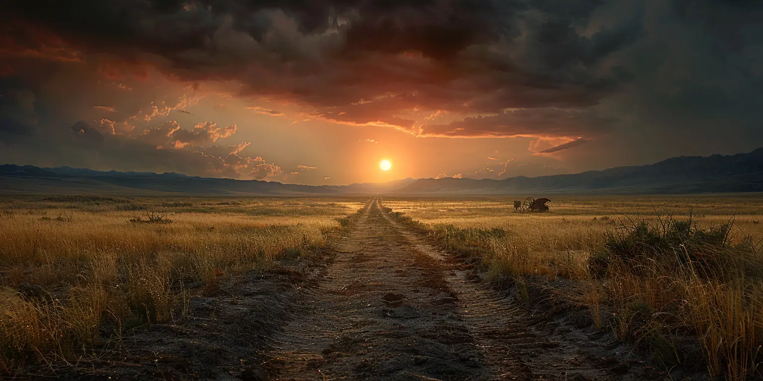 Sunset on the Oregon Trail: vast prairie with wagon train silhouetted against colorful sky, dusty path stretching to horizon