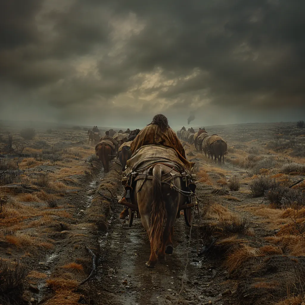 Bird's-eye view of wagon train crossing vast prairie, zooming to reveal young girl hiding in covered wagon.