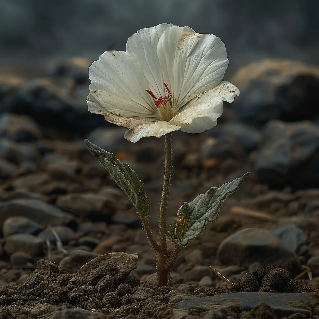 Lone prairie flower blooming on cracked earth, dust-covered petals and stem symbolizing resilience on Oregon Trail