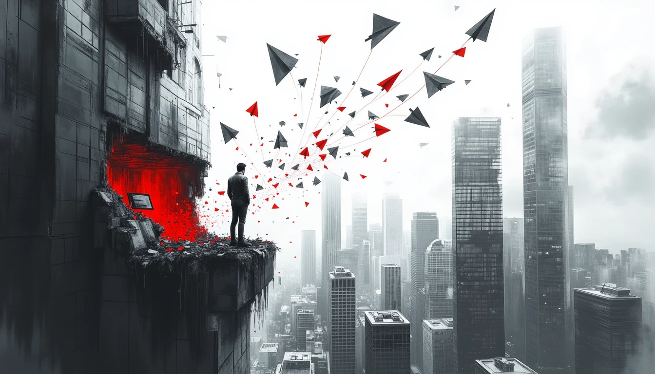 Fragmented corporate landscape with employee exodus symbolized by paper airplanes