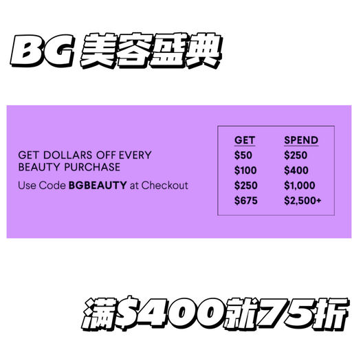 【黑五力度】BG 满$400就是75折，叠加送礼