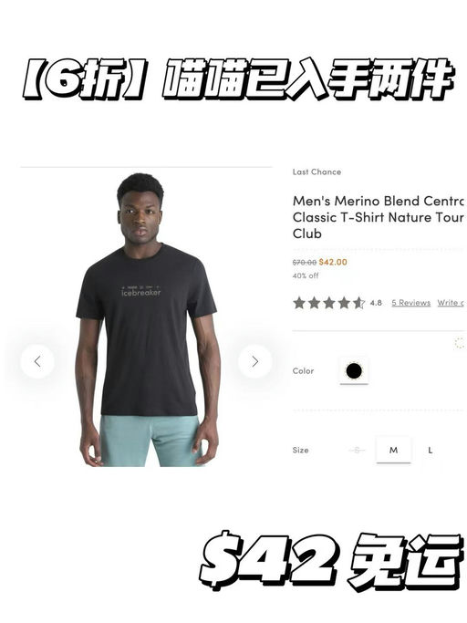 【喵喵推荐】Icebreaker美丽奴短袖，男款6折