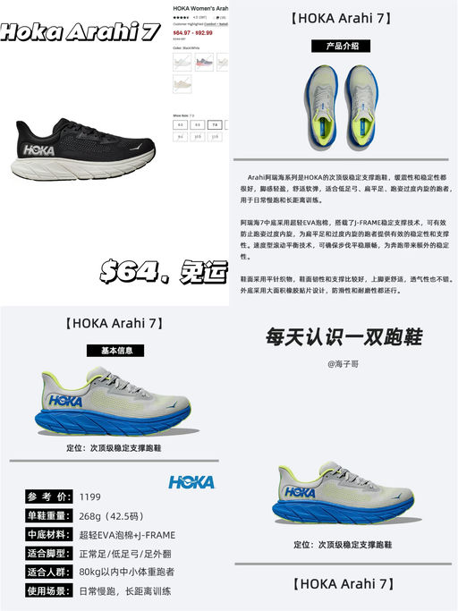 【Hoka Arahi】【$64，免运】