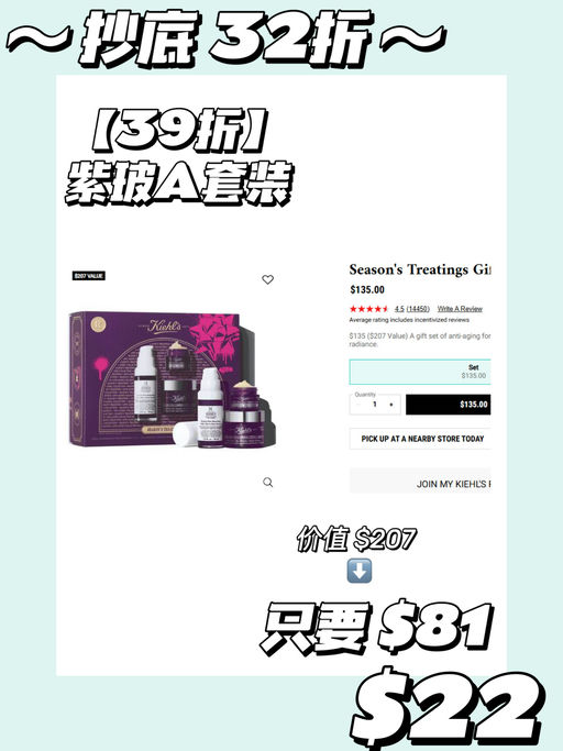 【突发！】【Kiehl’s 套装，额外5折】