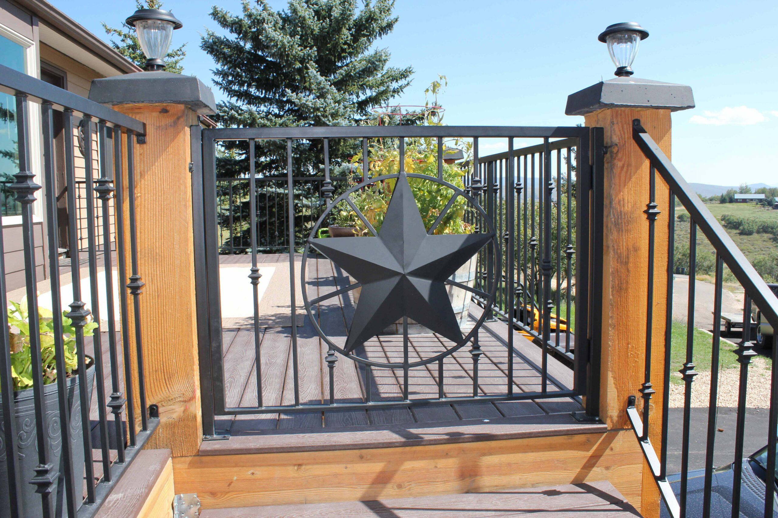 Decorative metal gate with a large star centerpiece, flanked by wooden posts with lamp posts, overlooking a landscape with evergreen trees and mountains in the background