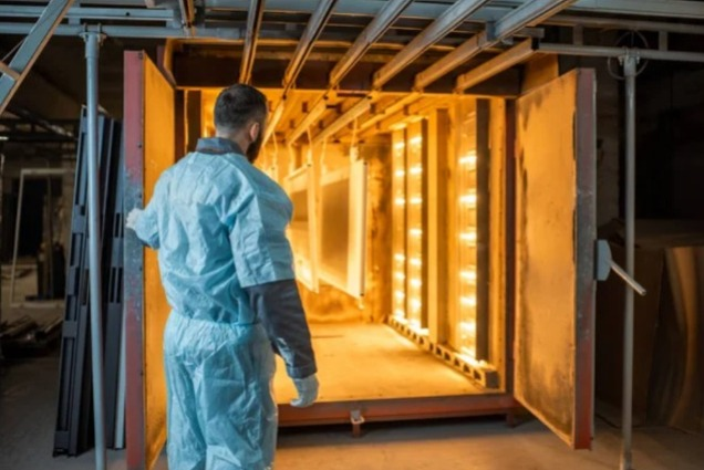 This image shows a worker in protective clothing (light blue coveralls) standing at the entrance of an industrial curing oven used in the powder coating process. The oven glows with a warm orange light from its heating elements inside. The worker appears to be monitoring or inspecting the oven chamber, which contains racks or frames for holding metal parts during the curing process. This stage is critical in powder coating as it melts and bonds the powder to the metal surface, creating a durable finish. The industrial setting shows the specialized equipment used in professional metal finishing operations.