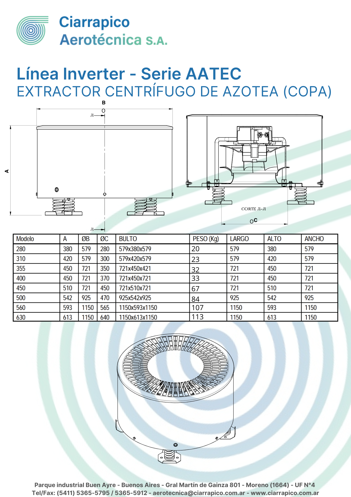 Plano dimensional 2 de Extractor de Azotea Serie AATEC