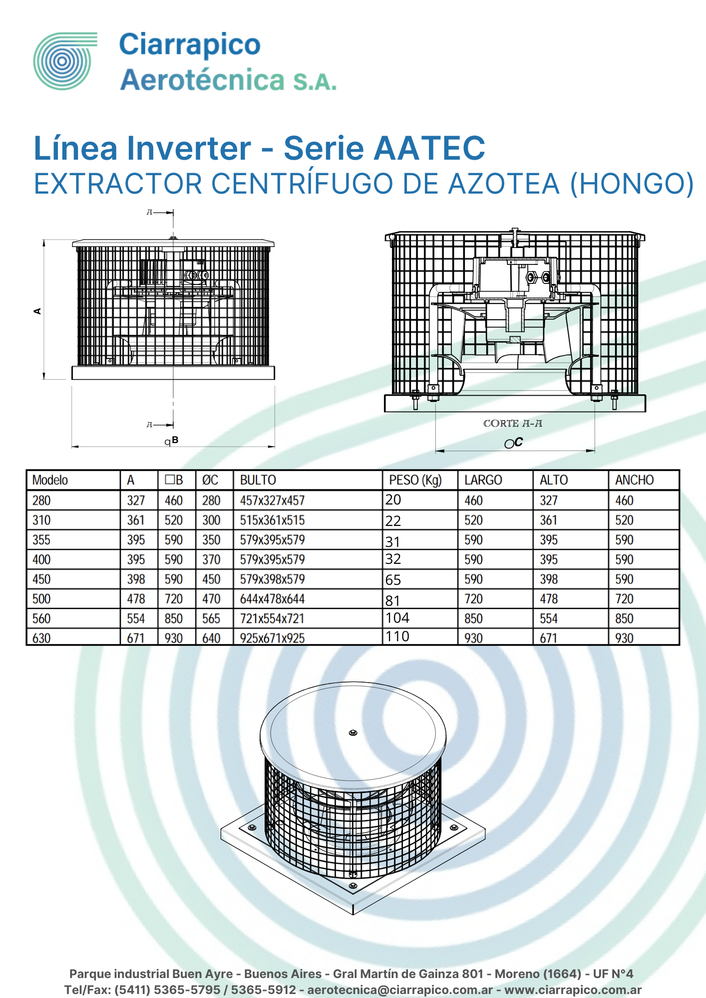 Plano dimensional 3 de Extractor de Azotea Serie AATEC