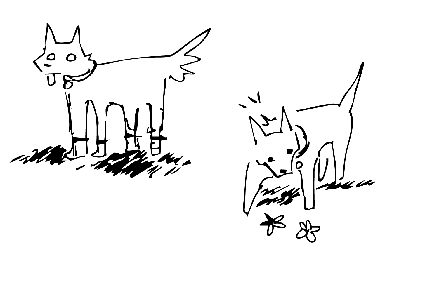 two dogs, one sniffing flowers